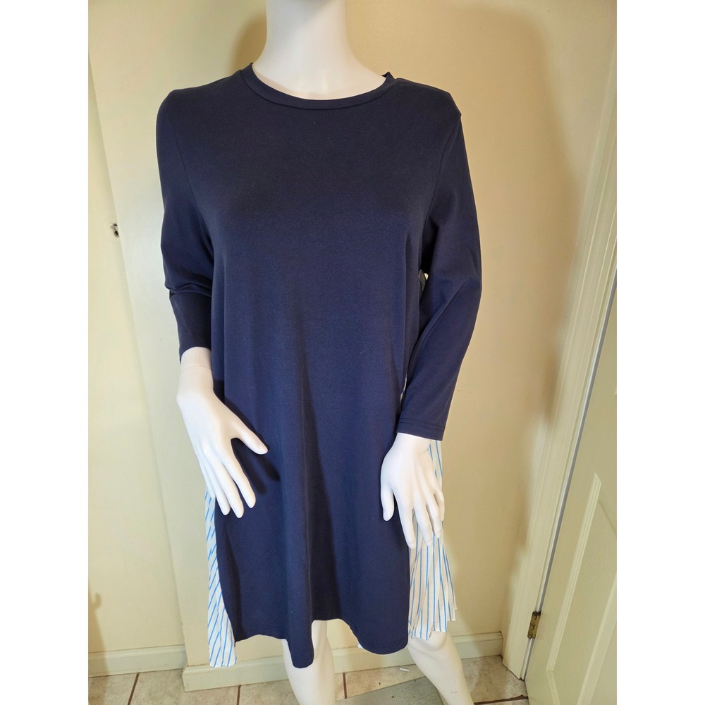 tuckernuck Pomander Place Navy Blue Striped Pleat Side Shift Dress Womens Medium